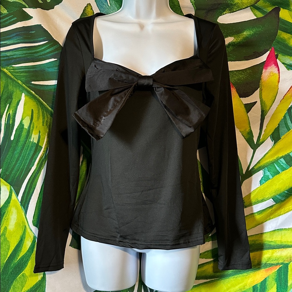 SHEIN Black Long Sleeve Top with Bow Detail